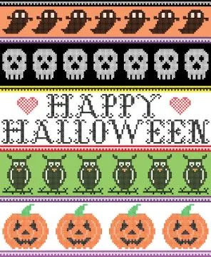 Happy Halloween pattern with owl, ghost, skull, pumpkin Stock Illustration