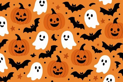 Happy halloween pattern pumpkins ghosts bats stars Stock Illustration