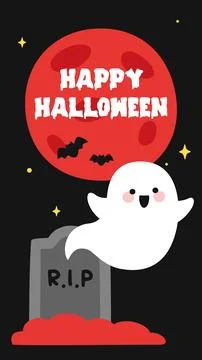 Happy Halloween Poster with Cute Ghost Tombstone and Red Moon Illustrazione stock