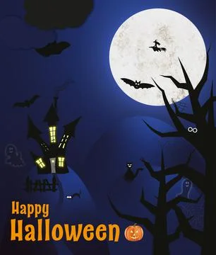 Happy Halloween poster postcard illustration at night Illustrazione stock