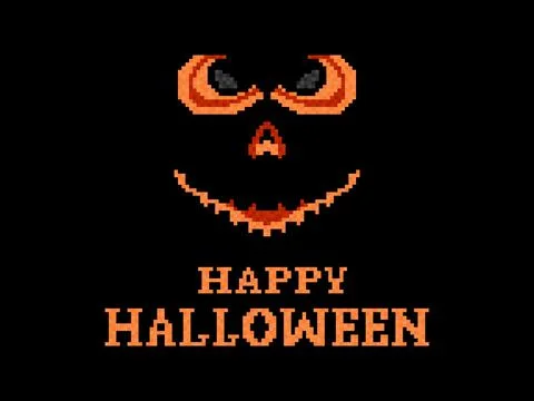 Happy Halloween scary pumpkin face pixel art style. Evil scary eyes carved in Illustrazione stock