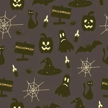 Happy Halloween seamless pattern with bat, web,cat Stock Illustration