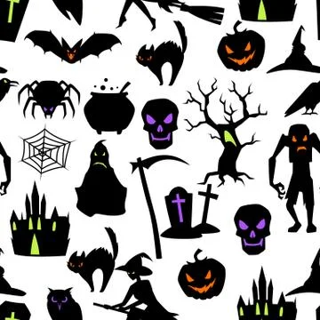 Happy Halloween seamless pattern with celebration items. Illustrazione stock
