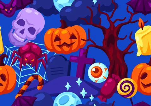 Happy Halloween seamless pattern with celebration items. Background for party. Illustrazione stock