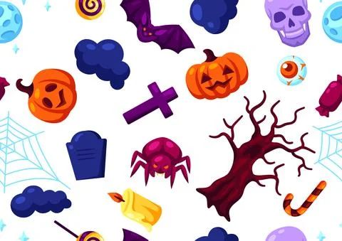 Happy Halloween seamless pattern with celebration items. Background for party. 스톡 일러스트