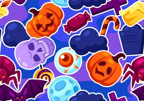 Happy Halloween seamless pattern with celebration items. Background for party. Illustrazione stock