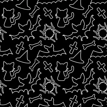 Happy Halloween. Seamless pattern of contoured doodles and holiday-themed ico Stock Illustration