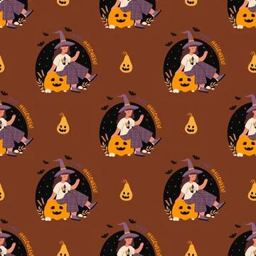 Happy Halloween Seamless pattern. Cute Witch Girl In Hat on Pumpkin lantern.. Illustrazione stock