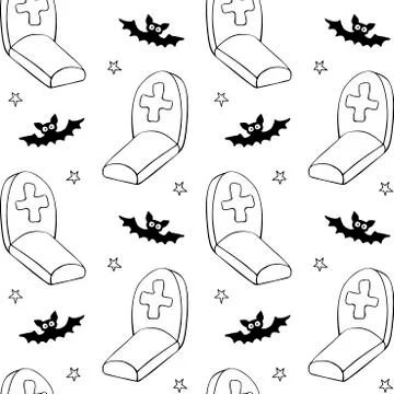 Happy Halloween. Seamless pattern of doodles Graves, Tombstone, crosses and b Stock Illustration