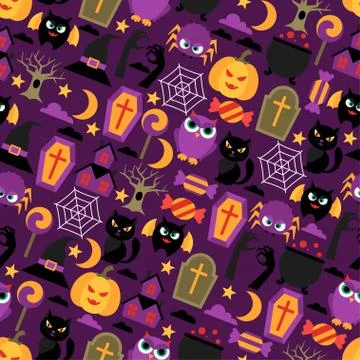 Happy halloween seamless pattern with flat icons Illustrazione stock