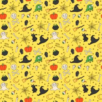 Happy Halloween. Seamless pattern with pumpkins, skulls, cats, spider's web, Stock Illustration