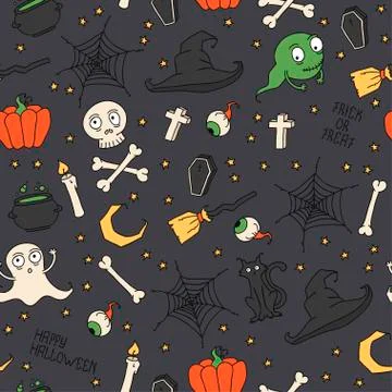 Happy Halloween. Seamless pattern with pumpkins, skulls, cats, spider's web, 스톡 일러스트