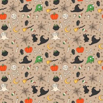 Happy Halloween. Seamless pattern with pumpkins, skulls, cats, spider's web, Stock Illustration