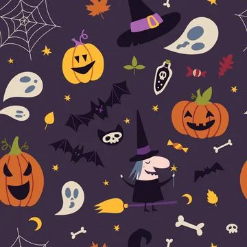 Happy Halloween Seamless pattern with pumpkins, bat, decoration elements, c.. Stock Illustration