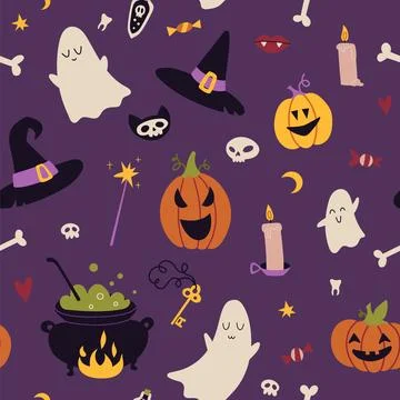 Happy Halloween Seamless pattern with pumpkins, bat, decoration elements, c.. Illustrazione stock