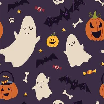 Happy Halloween Seamless pattern with pumpkins, bat, decoration elements, c.. Stock Illustration