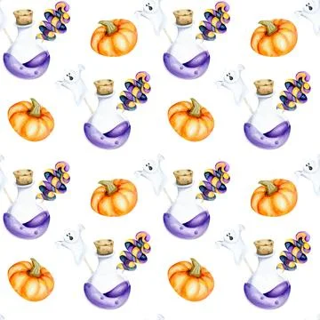 Happy Halloween seamless pattern with pumpkins, violet magic bottle and candy Stock Illustration