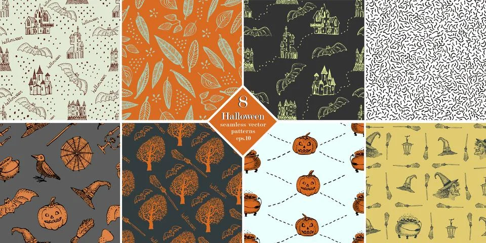 Happy Halloween seamless pattern set. Halloween vector backgrounds. Stock Illustration