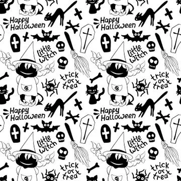 Happy Halloween-seamless pattern with set of icons-witch, broom, bones, black Stock Illustration