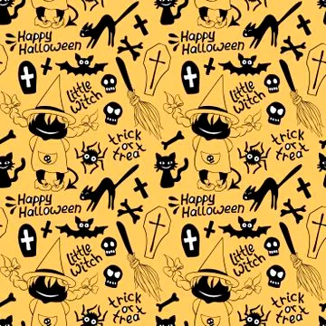 Happy Halloween-seamless pattern with set of icons-witch, broom, bones, black Stock Illustration
