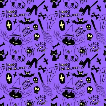 Happy Halloween-seamless pattern with set of icons-witch, broom, bones, black Illustrazione stock