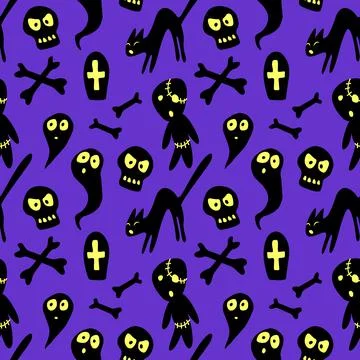 Happy Halloween-seamless pattern with set of characters-witch's black cat, zo イラスト素材