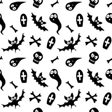 Happy Halloween-seamless pattern with set of characters-bats, ghosts, skulls  Stock Illustration