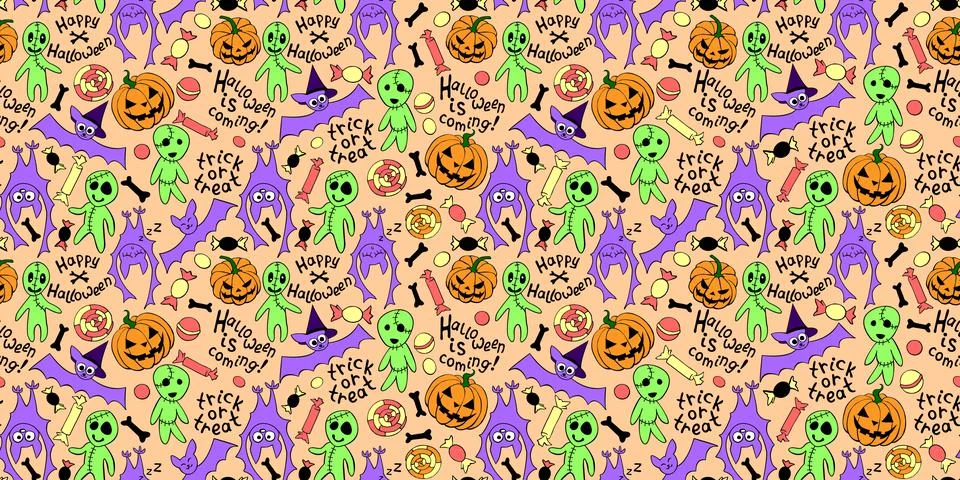 Happy Halloween-seamless pattern with set of icons-pumpkin, Jack lantern, zom Stock Illustration