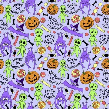 Happy Halloween-seamless pattern with set of icons-pumpkin, Jack lantern, zom Stock Illustration