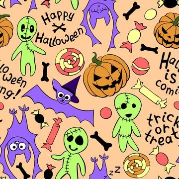 Happy Halloween-seamless pattern with set of icons-pumpkin, Jack lantern, zom Stock Illustration
