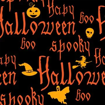 Happy Halloween seamless pattern with text, pumpkin, ghost, witcher. Hand dra Stock Illustration