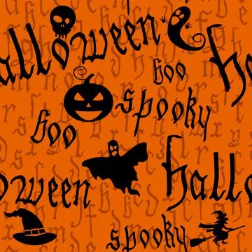 Happy Halloween seamless pattern with text, pumpkin, ghost, witcher. Hand dra Stock Illustration