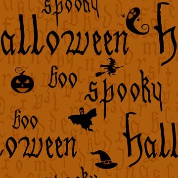 Happy Halloween seamless pattern with text, pumpkin, ghost, witcher. Hand dra 스톡 일러스트