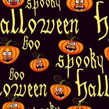 Happy Halloween seamless pattern with text, pumpkin, ghost, witcher. Hand drawn Stock Illustration
