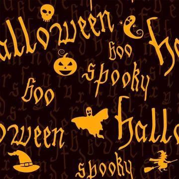 Happy Halloween seamless pattern with text, pumpkin, ghost, witcher. Hand drawn Stock Illustration