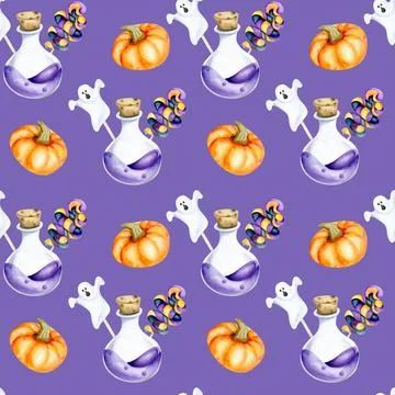 Happy Halloween seamless pattern on violet with pumpkins, violet magic bott.. Stock Illustration