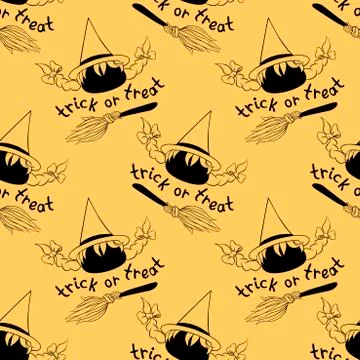 Happy Halloween-seamless pattern with witch icon, broom and lettering. Power  Stock Illustration