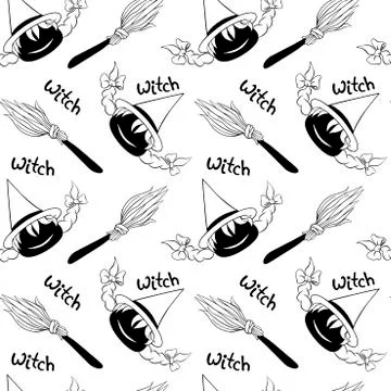 Happy Halloween-seamless pattern with witch icon, broom and lettering. Power  Stock Illustration