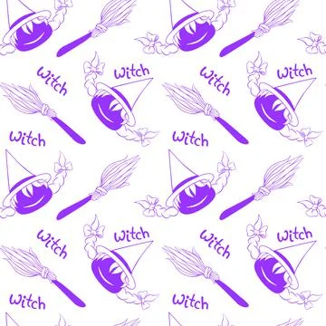 Happy Halloween-seamless pattern with witch icon, broom and lettering. Power  Stock Illustration