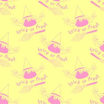 Happy Halloween-seamless pattern with witch icon, broom and lettering. Power  Stock Illustration