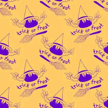 Happy Halloween-seamless pattern with witch icon, broom and lettering. Power  Stock Illustration
