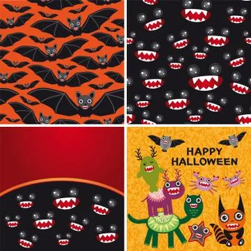 Happy Halloween set of two seamless patterns and two cards. Bats Stock Illustration