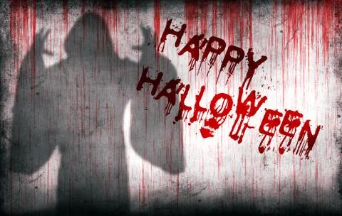 Happy Halloween sprayed on wall next ghostly shadow Stock Illustration