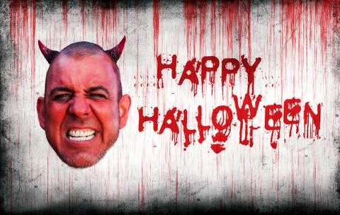 Happy Halloween sprayed on wall next to devils head Stock Illustration