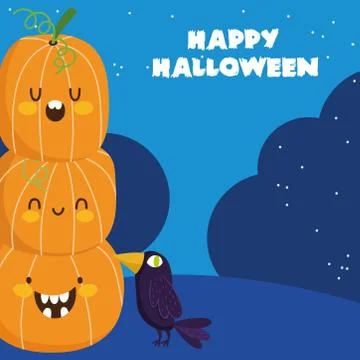 Happy halloween, stack of pumpkins and raven trick or treat party celebration Stock Illustration
