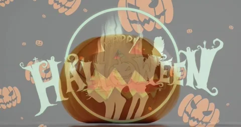 Happy halloween text and pumpkin icons falling against halloween pumpkin against Stock Footage 328232002