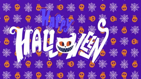 Happy Halloween text animation over purple background with skulls and spider Stock Footage 306273256