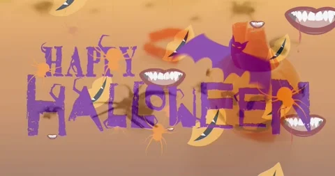 Happy halloween text banner with bat and spiders icons against halloween candies Stock Footage 328633525