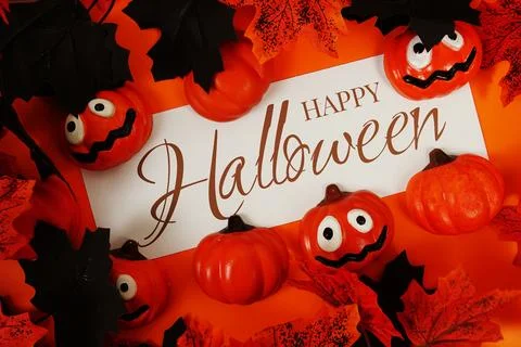 Happy Halloween text with element decorations on orange background Stock Photos