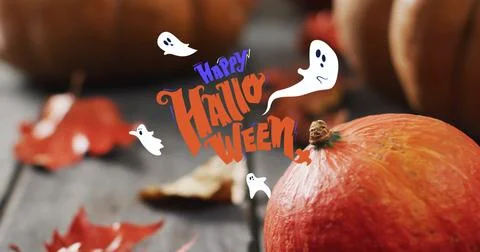 Happy Halloween text image with ghosts over pumpkins and autumn leaves Ilustração Stock